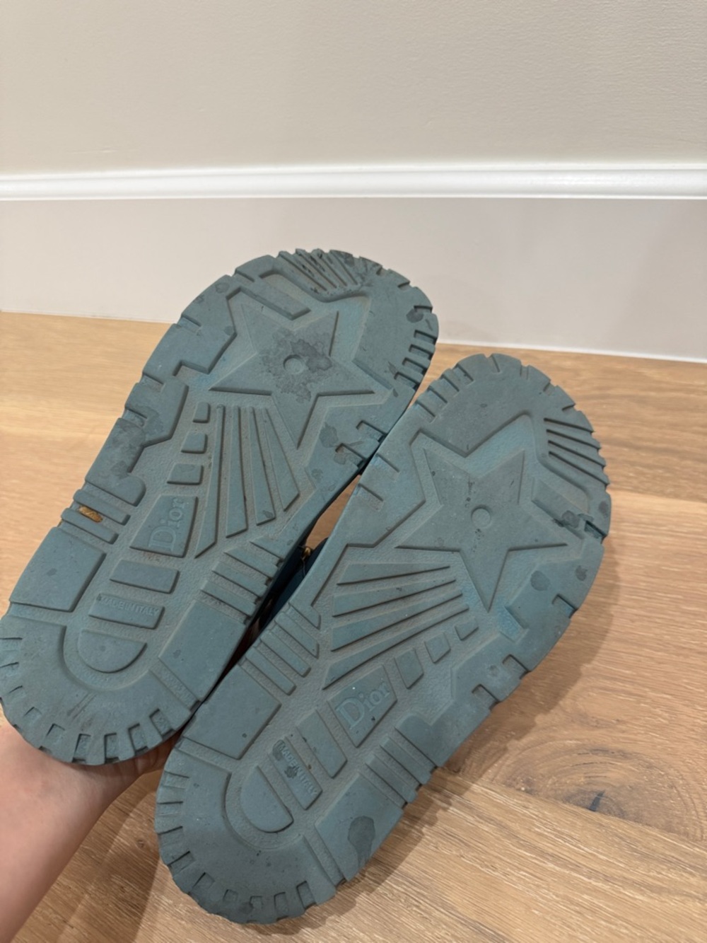 Authentic pre loved Dior Teal Leather Velcro Strap Sandals with Gold Logo - Picture 4 of 4